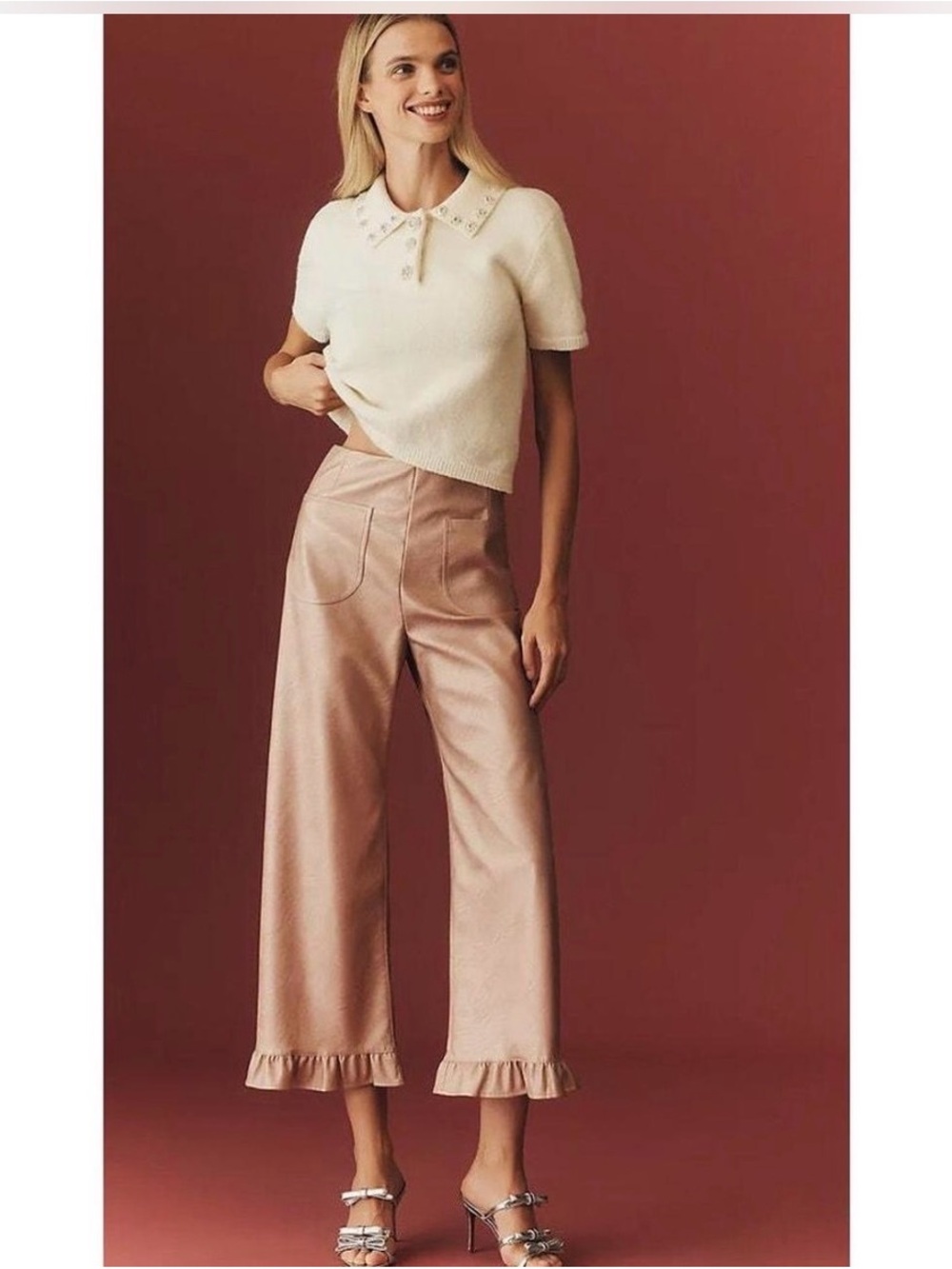 Maeve The Colette Pink Metallic Ruffle Wide Leg Pants 25 NWT $158
